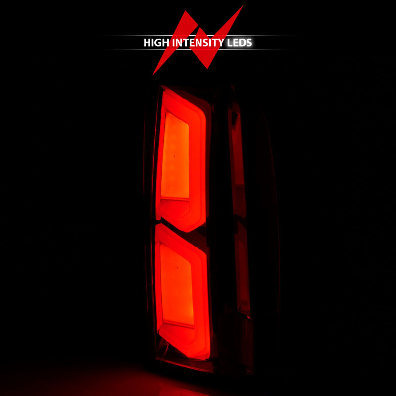 ANZO LED Tail Lights for 2015-2020 Chevrolet Tahoe with chrome housing and light bar design.