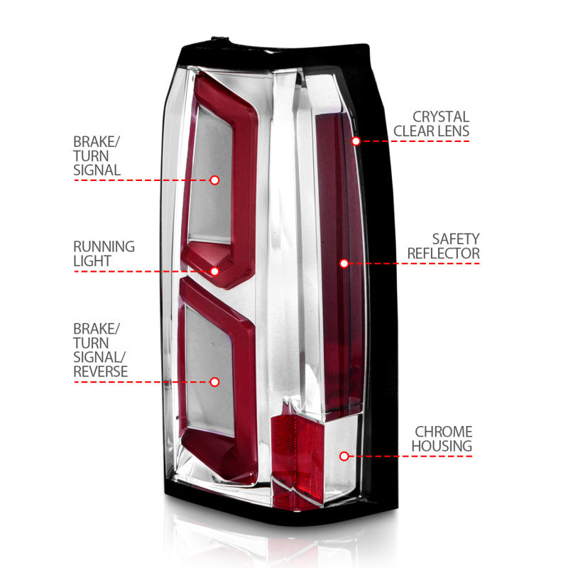ANZO LED Tail Lights for 2015-2020 Chevrolet Tahoe with chrome housing and light bar design.