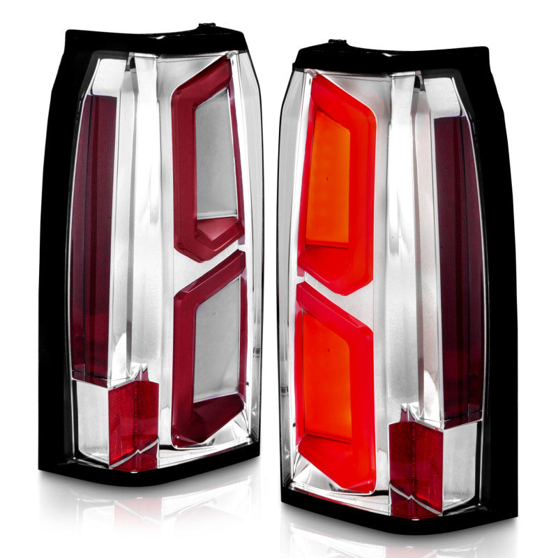 ANZO LED Tail Lights for 2015-2020 Chevrolet Tahoe with chrome housing and light bar design.