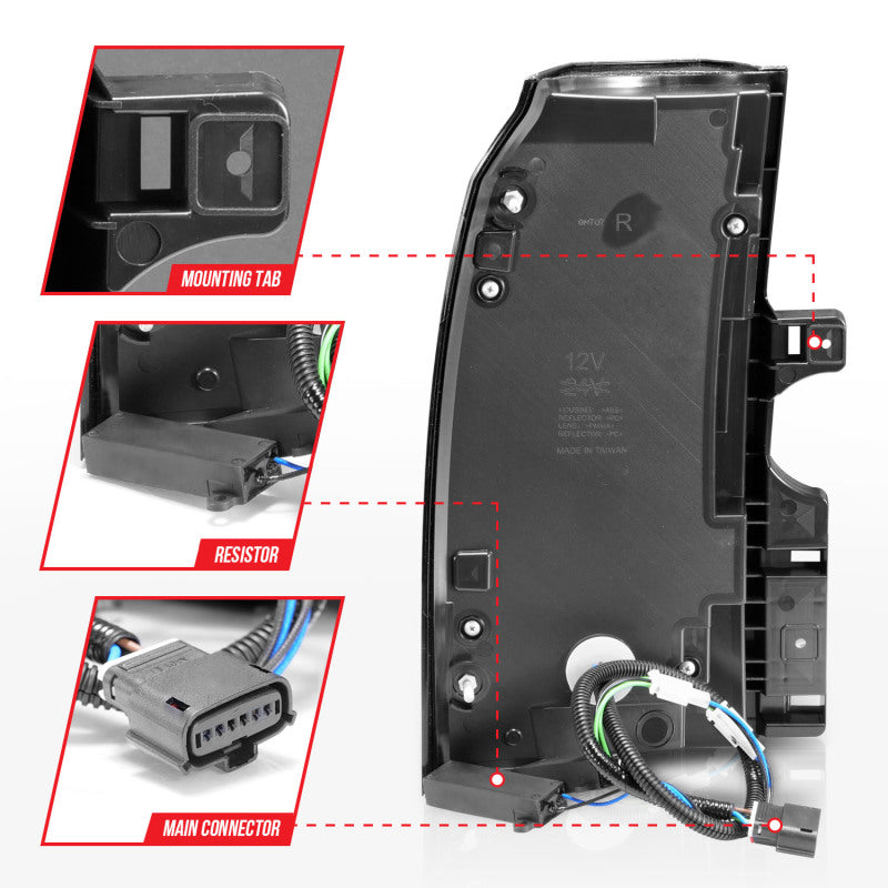 ANZO LED Tail Lights for 2015-2020 Chevrolet Tahoe with chrome housing and light bar design.