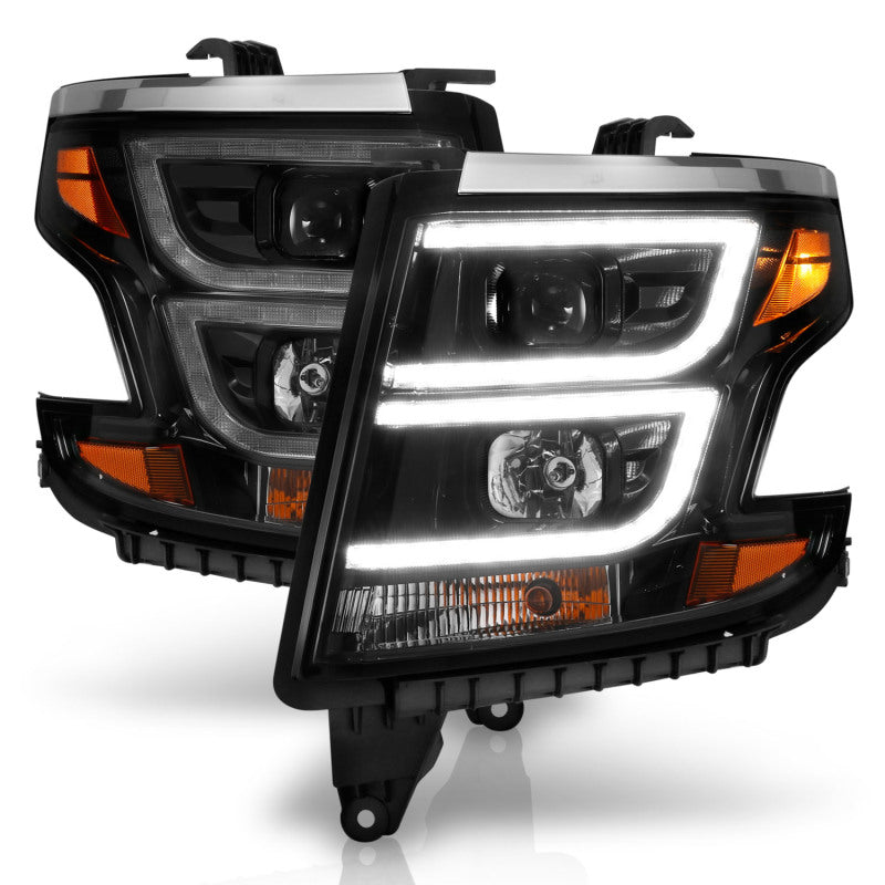ANZO 2015-2020 Chevy Tahoe Projector Headlights in black with DR, showcasing modern plank style design.