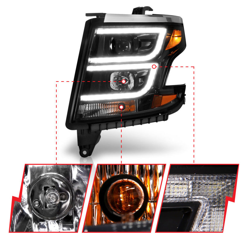 ANZO 2015-2020 Chevy Tahoe Projector Headlights in black with DR, showcasing modern plank style design.