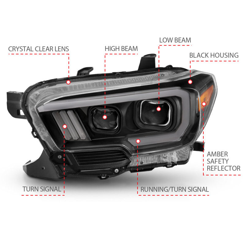 ANZO 2016-2017 Toyota Tacoma Projector Headlights with plank style switch, showcasing modern design and advanced lighting technology.