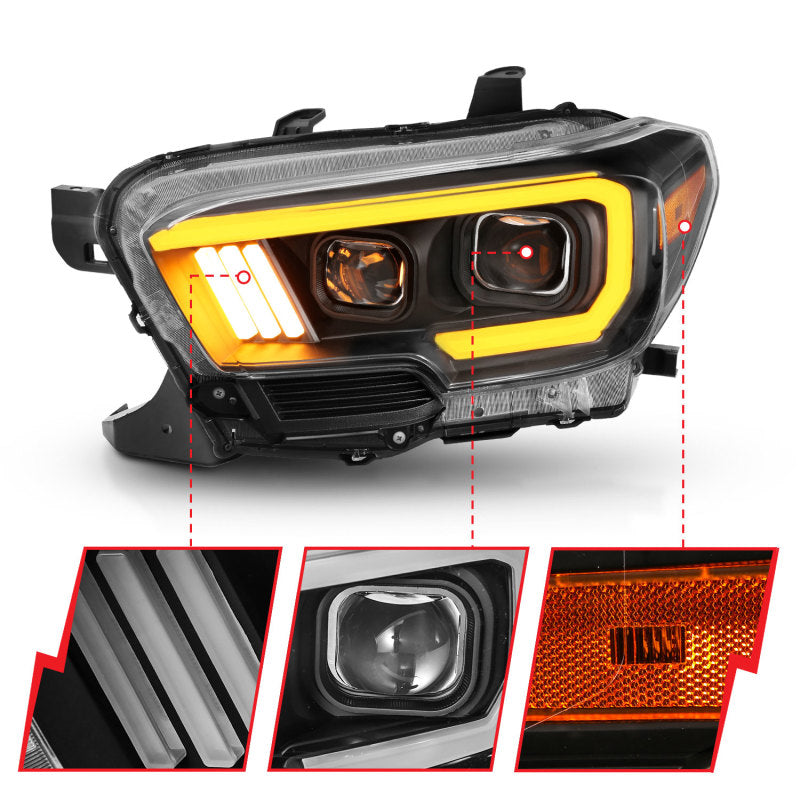 ANZO 2016-2017 Toyota Tacoma Projector Headlights with plank style switch, showcasing modern design and advanced lighting technology.