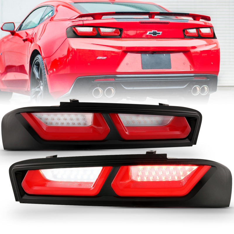 ANZO L.E.D T.L Red/Clear headlight set for 2016-2018 Chevrolet Camaro with clear lens and chrome housing.