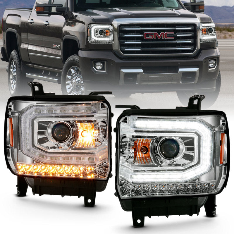 ANZO 2016-2019 GMC Sierra 1500 Projector Headlight in chrome finish, showcasing its sleek plank style design.