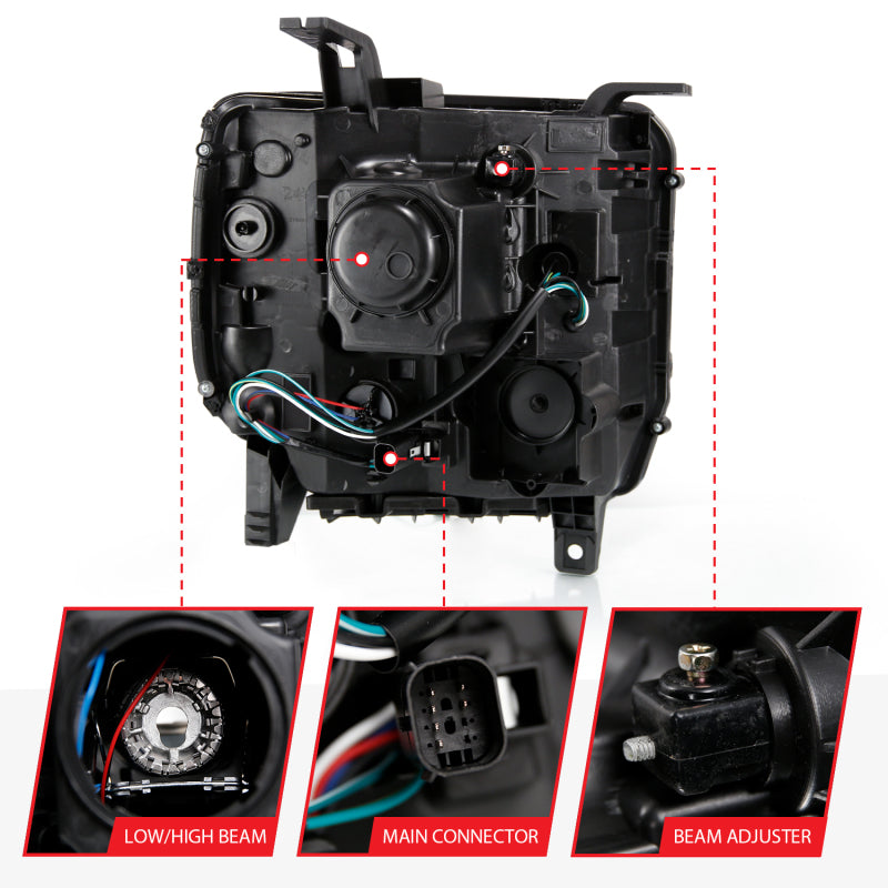 ANZO 2016-2019 GMC Sierra 1500 Projector Headlight in chrome finish, showcasing its sleek plank style design.