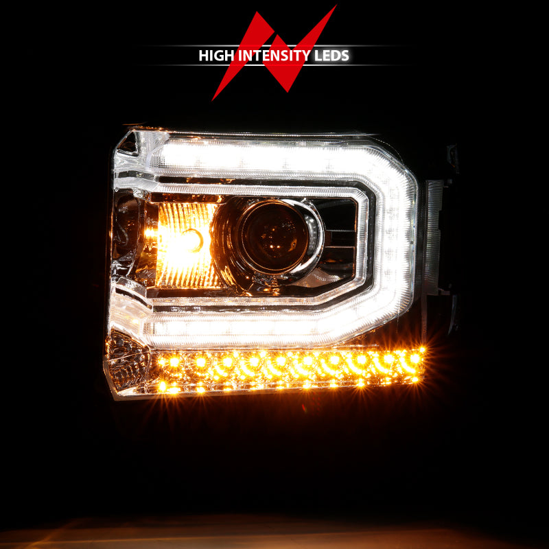 ANZO 2016-2019 GMC Sierra 1500 Projector Headlight in chrome finish, showcasing its sleek plank style design.