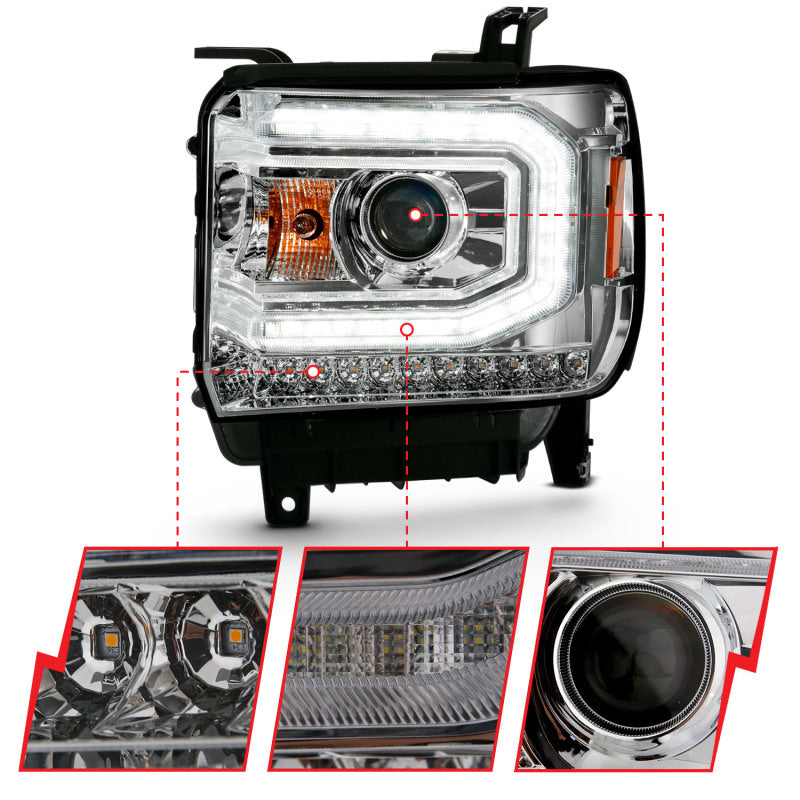 ANZO 2016-2019 GMC Sierra 1500 Projector Headlight in chrome finish, showcasing its sleek plank style design.