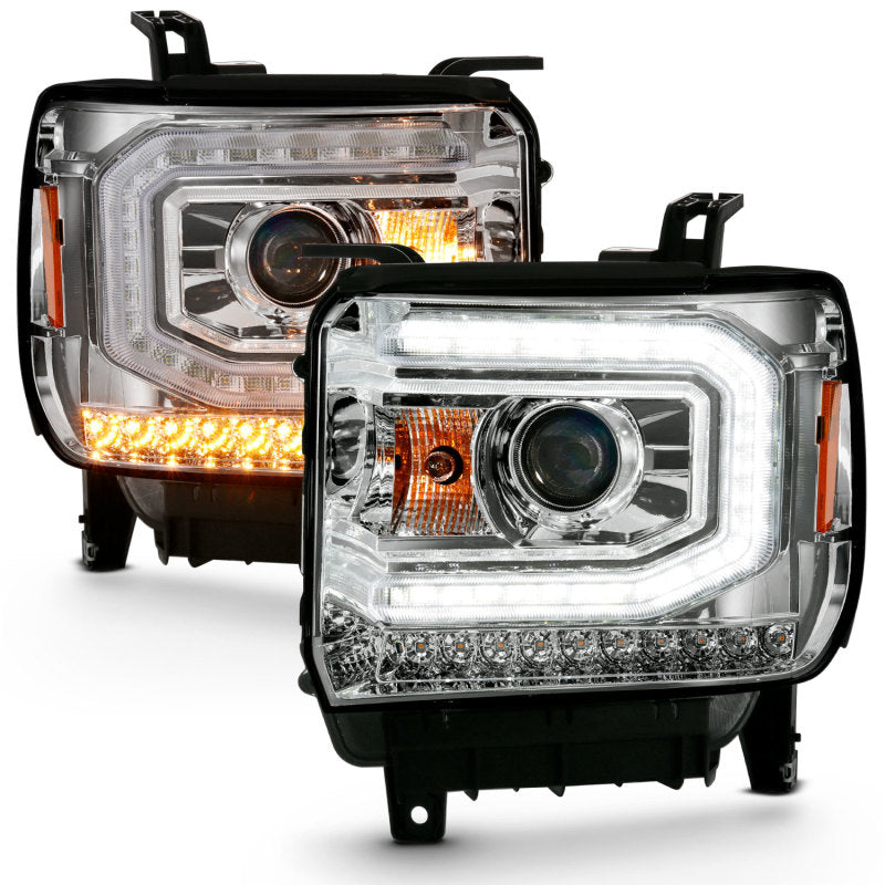 ANZO 2016-2019 GMC Sierra 1500 Projector Headlight in chrome finish, showcasing its sleek plank style design.