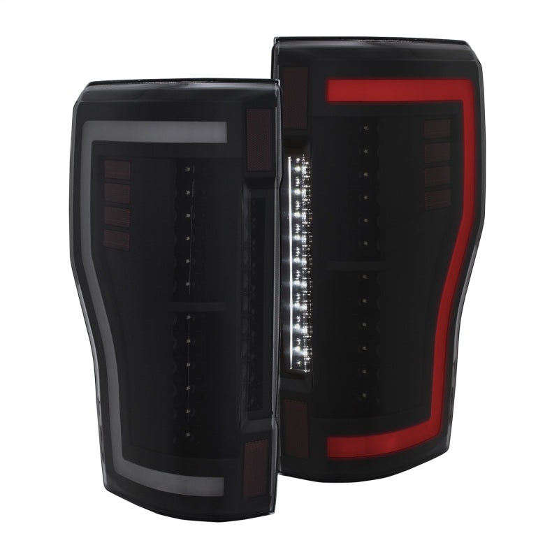 ANZO 2017+ Ford F-250 LED Taillights in black/smoke finish, showcasing modern design and enhanced visibility.