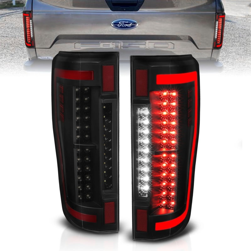 ANZO 2017+ Ford F-250 LED Taillights in black/smoke finish, showcasing modern design and enhanced visibility.