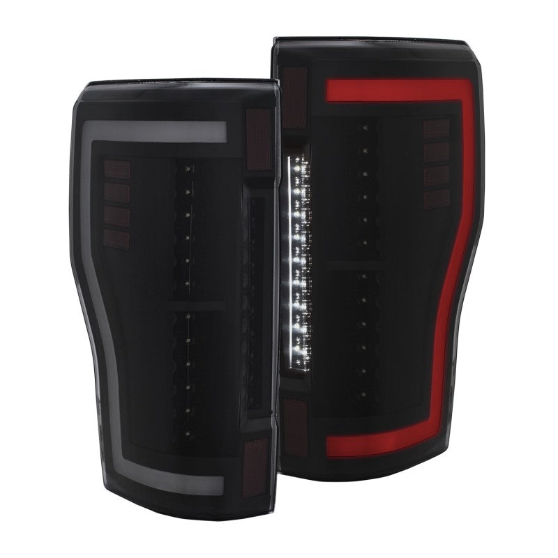 ANZO 2017+ Ford F-250 LED Taillights in black/smoke finish, showcasing modern design and enhanced visibility.