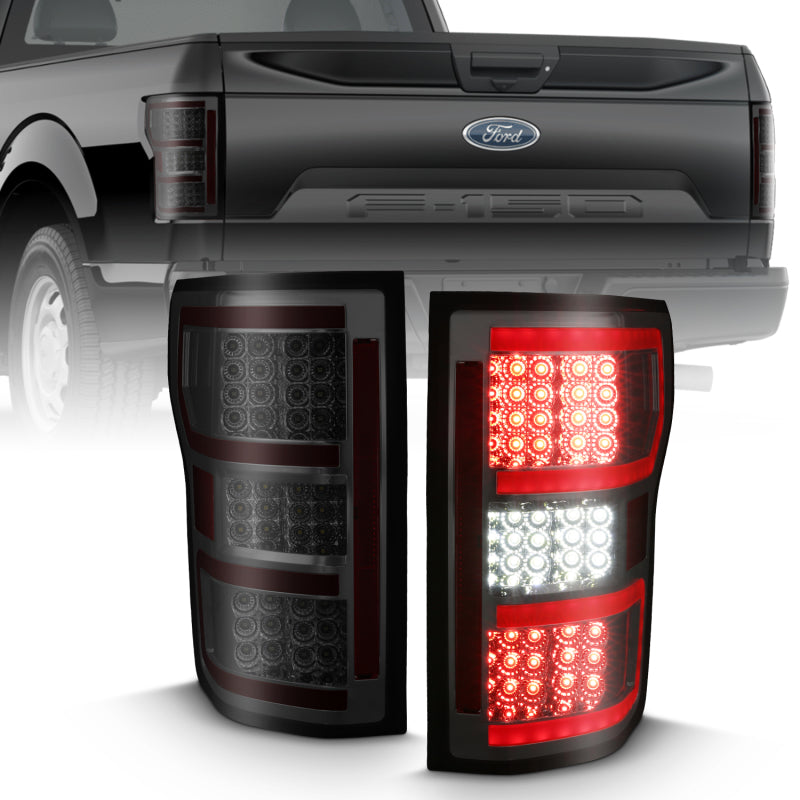 ANZO LED Taillight for 2018-2019 Ford F-150 featuring a smoke lens and red light bar, showcasing modern design and enhanced visibility.