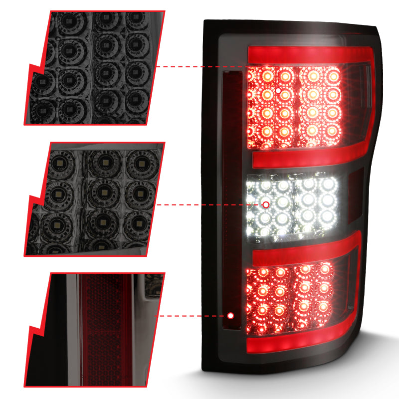ANZO LED Taillight for 2018-2019 Ford F-150 featuring a smoke lens and red light bar, showcasing modern design and enhanced visibility.