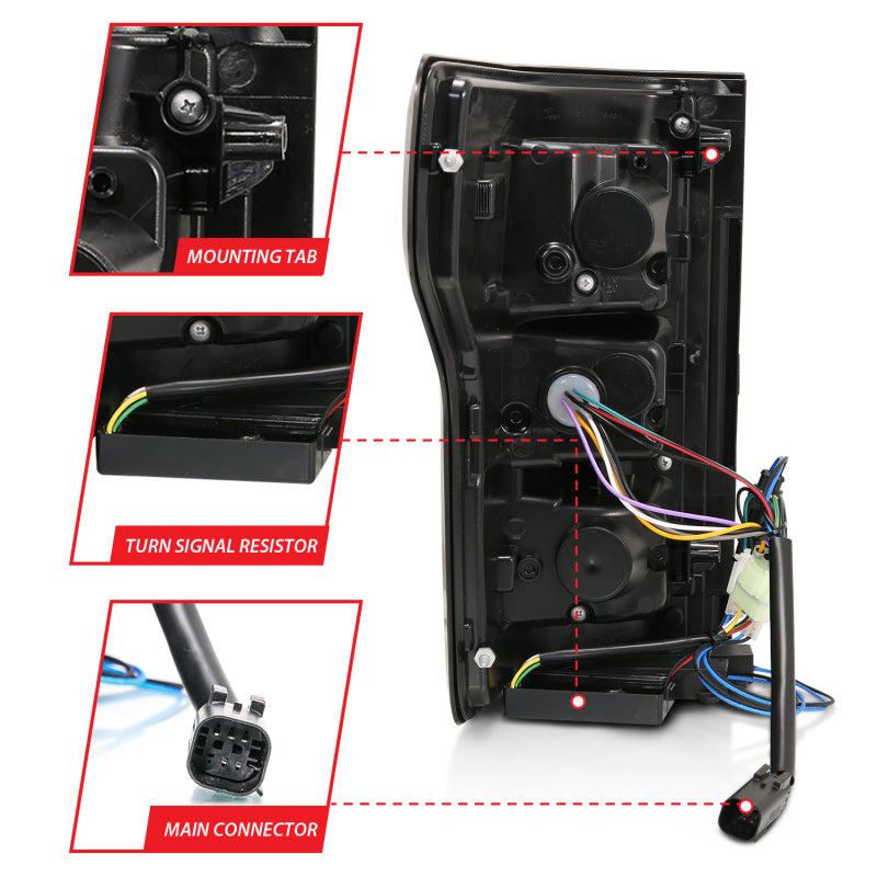 ANZO LED Taillight for 2018-2019 Ford F-150 featuring a smoke lens and red light bar, showcasing modern design and enhanced visibility.