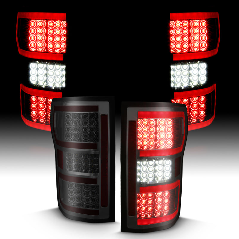 ANZO LED Taillight for 2018-2019 Ford F-150 featuring a smoke lens and red light bar, showcasing modern design and enhanced visibility.