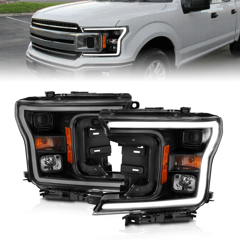 ANZO 2018-2019 Ford F-150 Projector Headlight Set with black housing and halo feature, showcasing modern design and clear lens.