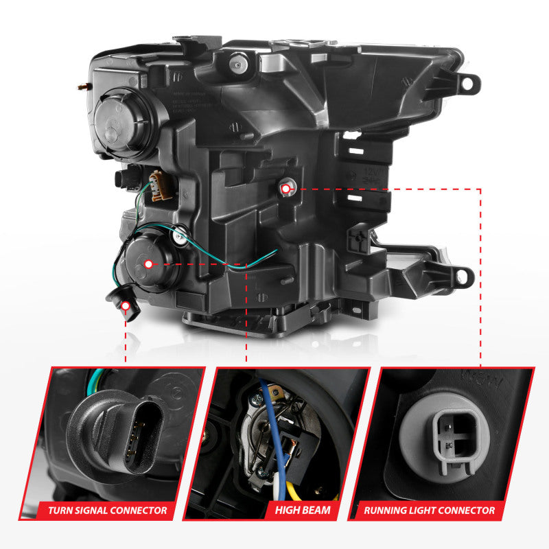 ANZO 2018-2019 Ford F-150 Projector Headlight Set with black housing and halo feature, showcasing modern design and clear lens.