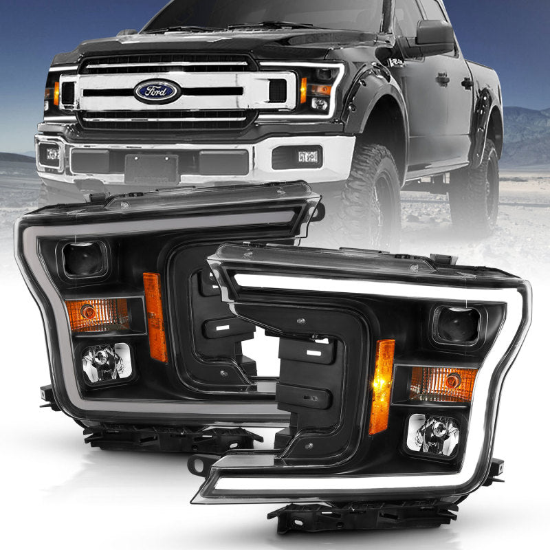 ANZO 2018-2019 Ford F-150 Projector Headlight Set with black housing and halo feature, showcasing modern design and clear lens.