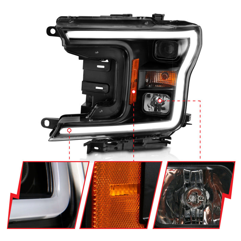 ANZO 2018-2019 Ford F-150 Projector Headlight Set with black housing and halo feature, showcasing modern design and clear lens.