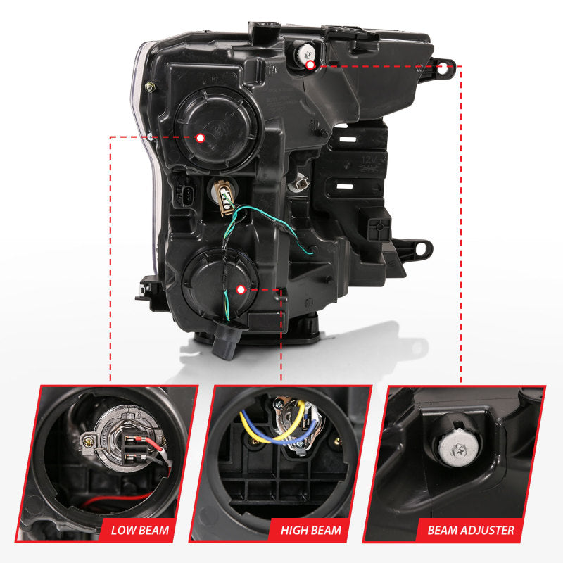 ANZO 2018-2019 Ford F-150 Projector Headlight Set with black housing and halo feature, showcasing modern design and clear lens.