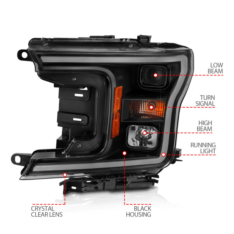 ANZO 2018-2019 Ford F-150 Projector Headlight Set with black housing and halo feature, showcasing modern design and clear lens.