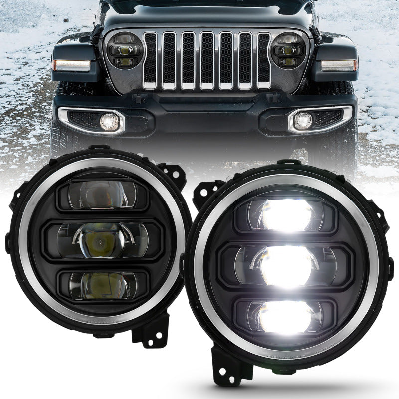 ANZO Full LED Projector Headlight Set for 2018-2019 Jeep Wrangler, featuring clear lens and black housing.