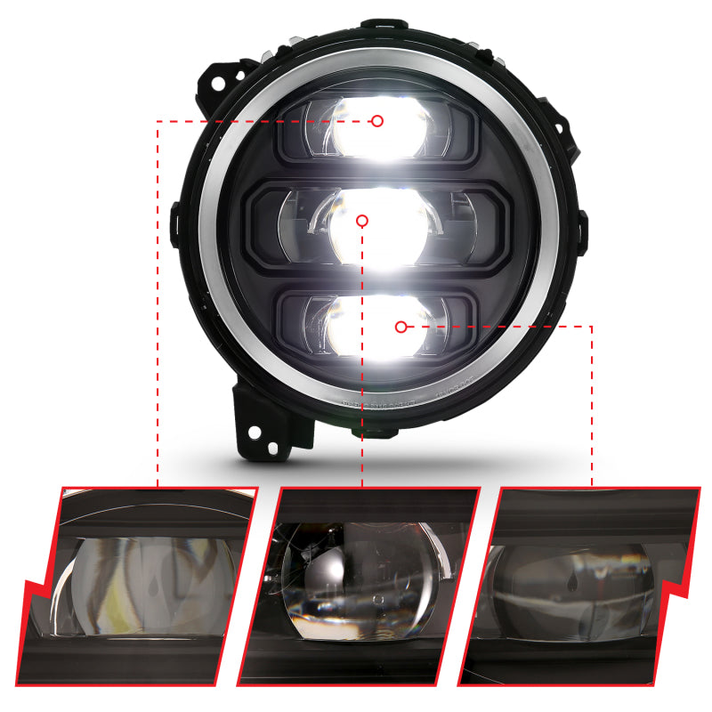 ANZO Full LED Projector Headlight Set for 2018-2019 Jeep Wrangler, featuring clear lens and black housing.