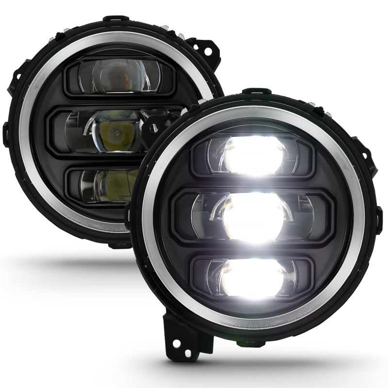 ANZO Full LED Projector Headlight Set for 2018-2019 Jeep Wrangler, featuring clear lens and black housing.