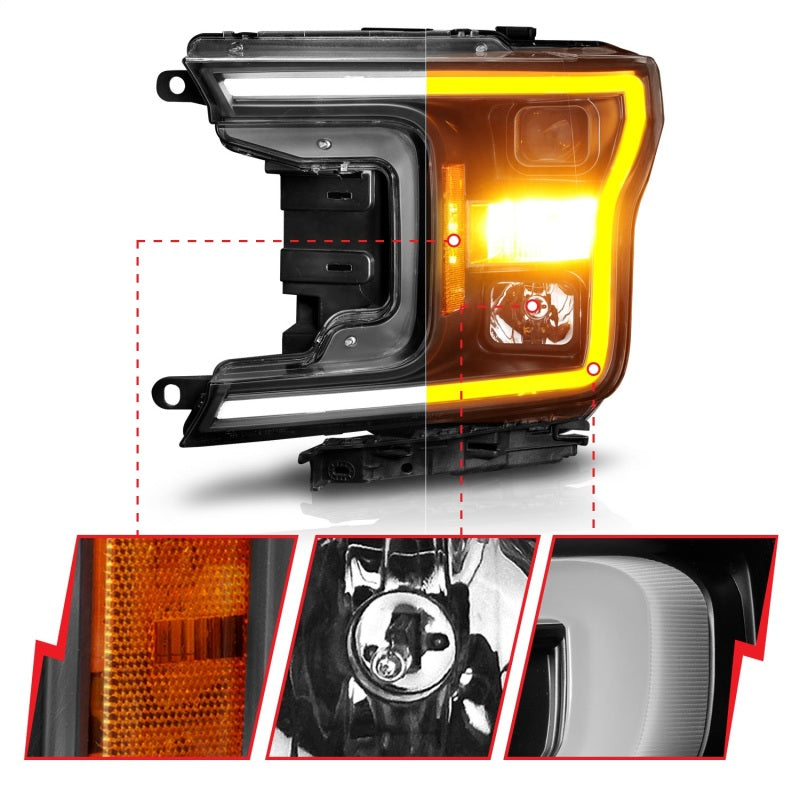 ANZO 2018-2020 Ford F-150 Projector Headlight featuring a sleek design and plank style switchback.