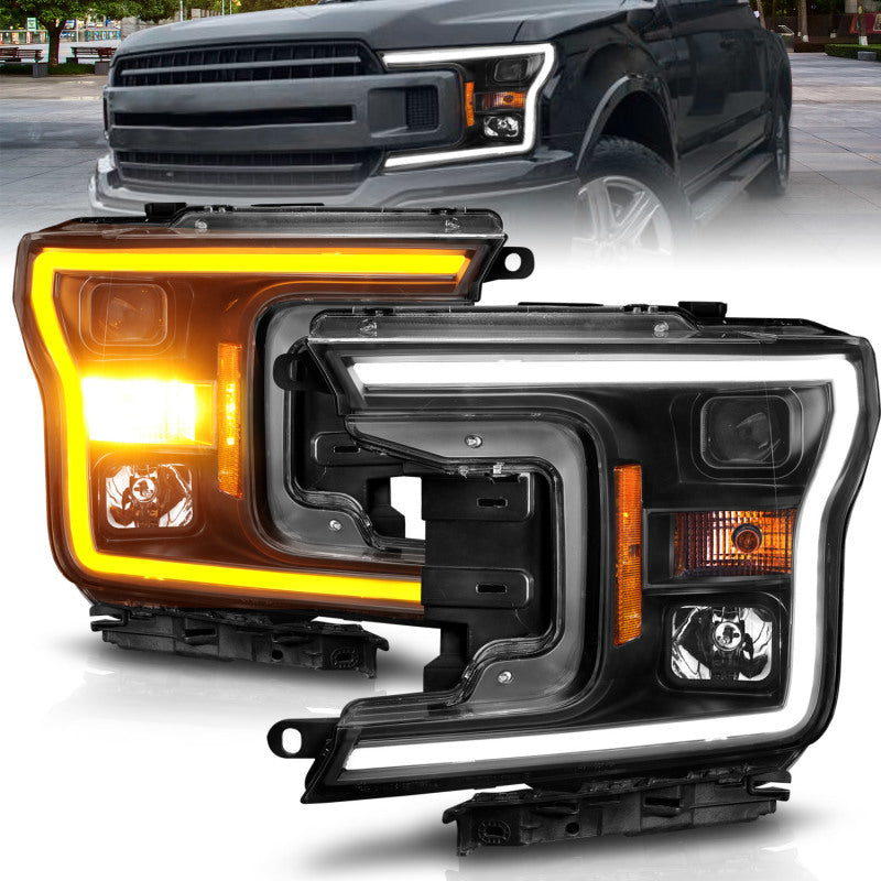 ANZO 2018-2020 Ford F-150 Projector Headlight featuring a sleek design and plank style switchback.