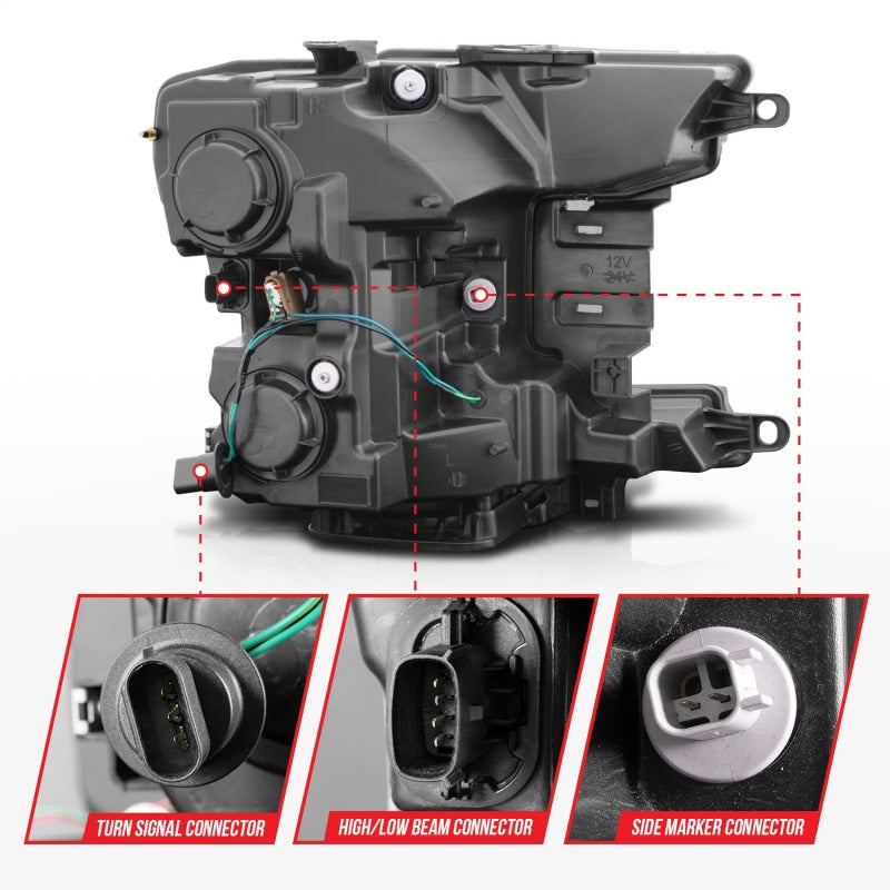 ANZO 2018-2020 Ford F-150 Projector Headlight featuring a sleek design and plank style switchback.