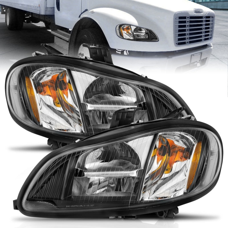 ANZO 2002-2014 Freightliner M2 LED crystal headlights with black housing, showcasing clear lens and modern design.