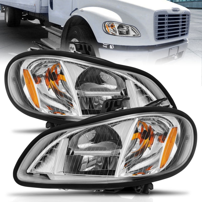 ANZO LED crystal headlights for Freightliner M2 with chrome housing and clear lens.