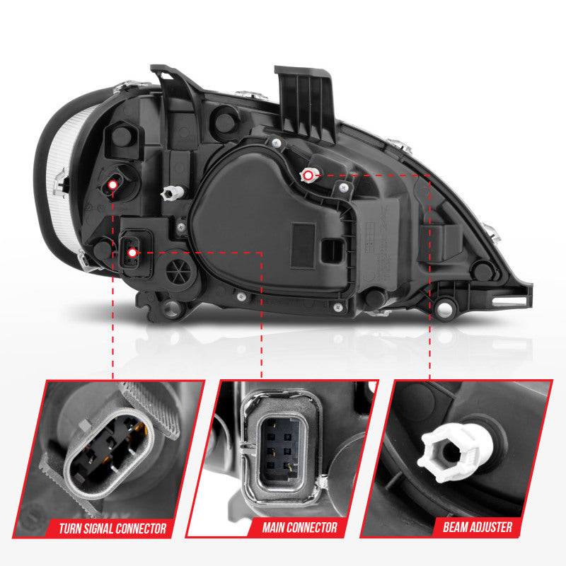 ANZO LED crystal headlights for Freightliner M2 with chrome housing and clear lens.