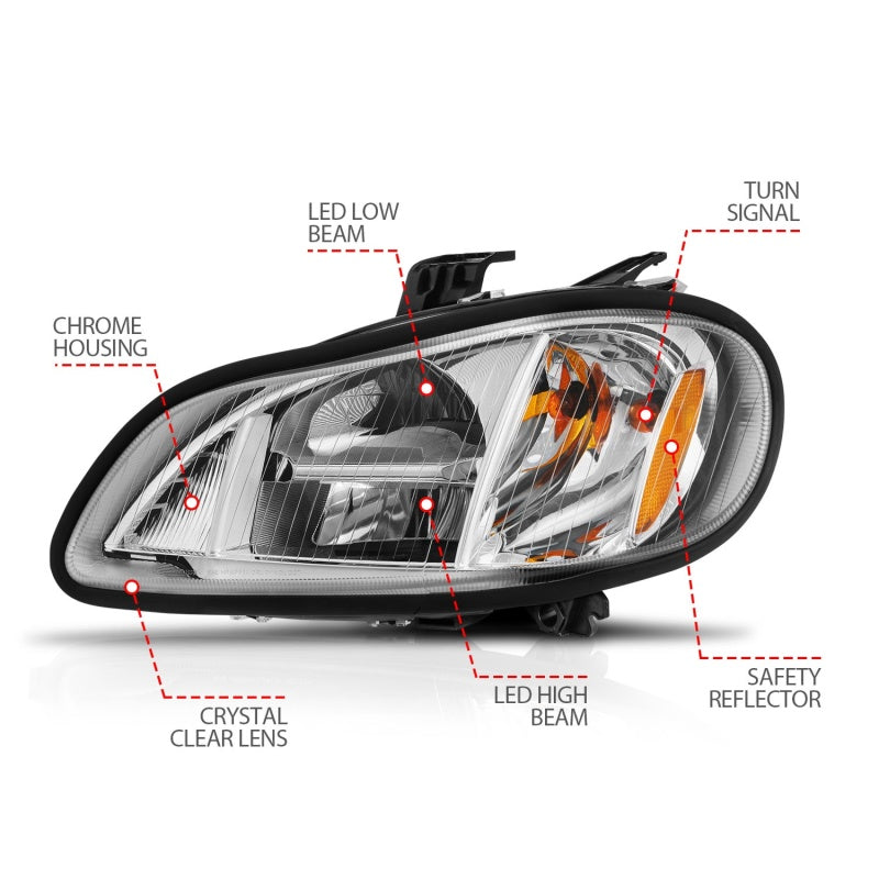 ANZO LED crystal headlights for Freightliner M2 with chrome housing and clear lens.