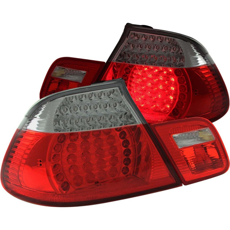 ANZO LED Taillights for 2000-2003 BMW 3 Series E46, featuring a red and clear lens design.