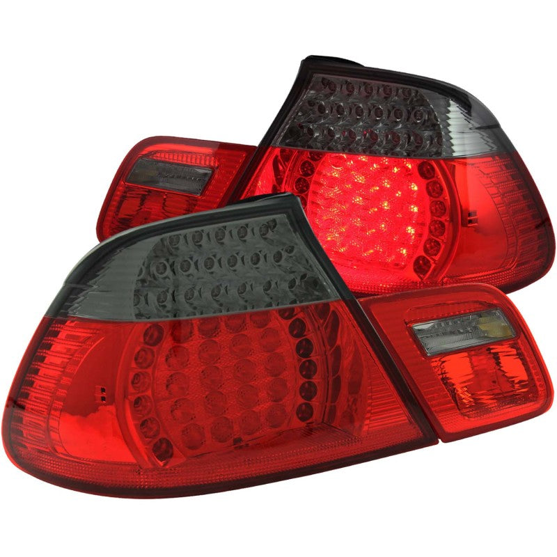 ANZO LED taillights for 2000-2003 BMW 3 Series E46 in red and smoke lens design, showcasing modern styling and enhanced visibility.