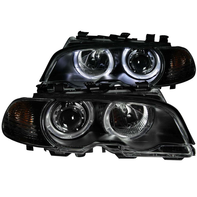 ANZO projector headlights with halo lights for 2000-2003 BMW 3 Series E46, featuring black housing and clear lens.