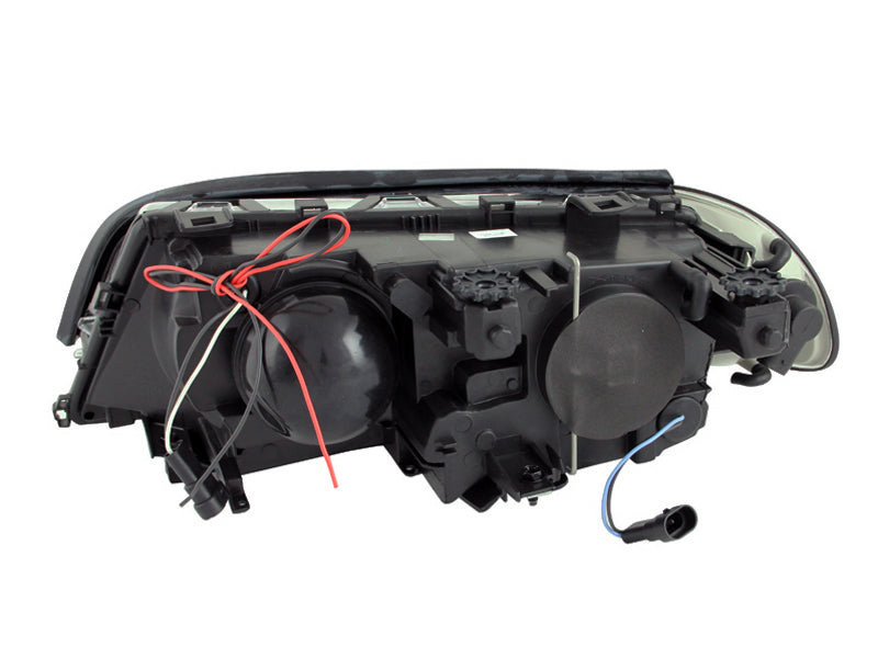 ANZO projector headlights with halo lights for 2000-2003 BMW 3 Series E46, featuring black housing and clear lens.