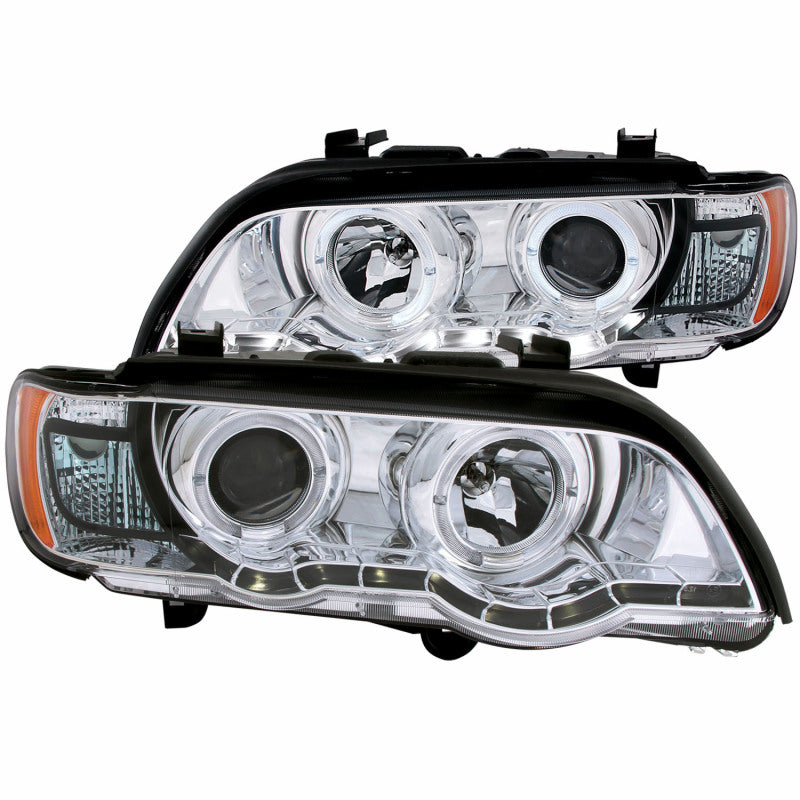 ANZO projector headlights with halo chrome for 2000-2003 BMW X5, featuring clear lens and chrome housing.