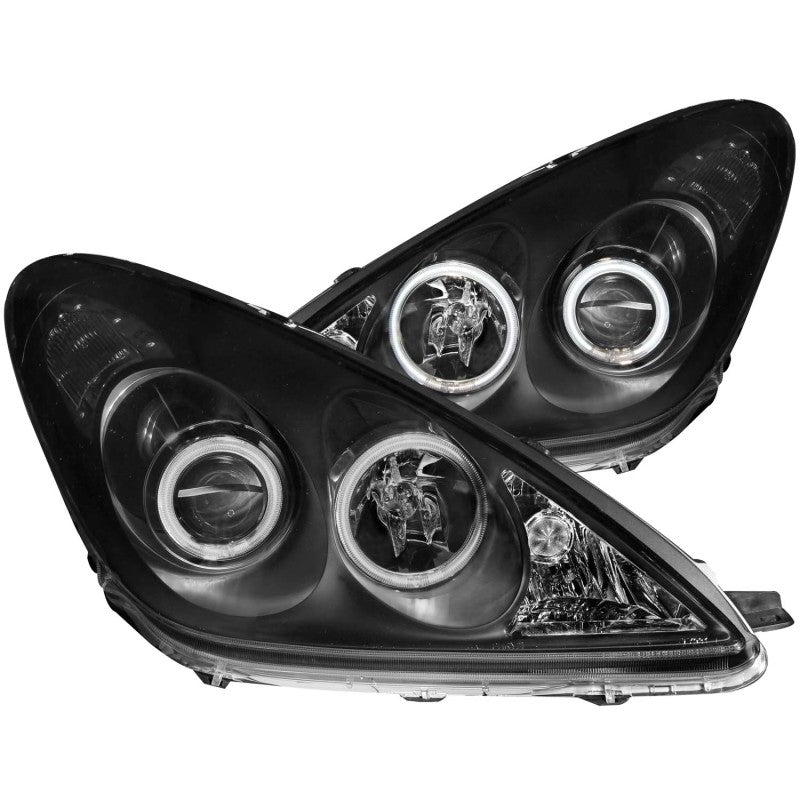 ANZO projector headlights with halo black design for 2002-2003 Lexus ES300, featuring clear lens and black housing.