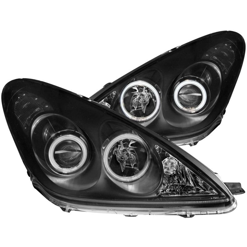 ANZO projector headlights with halo black design for 2002-2003 Lexus ES300, featuring clear lens and black housing.