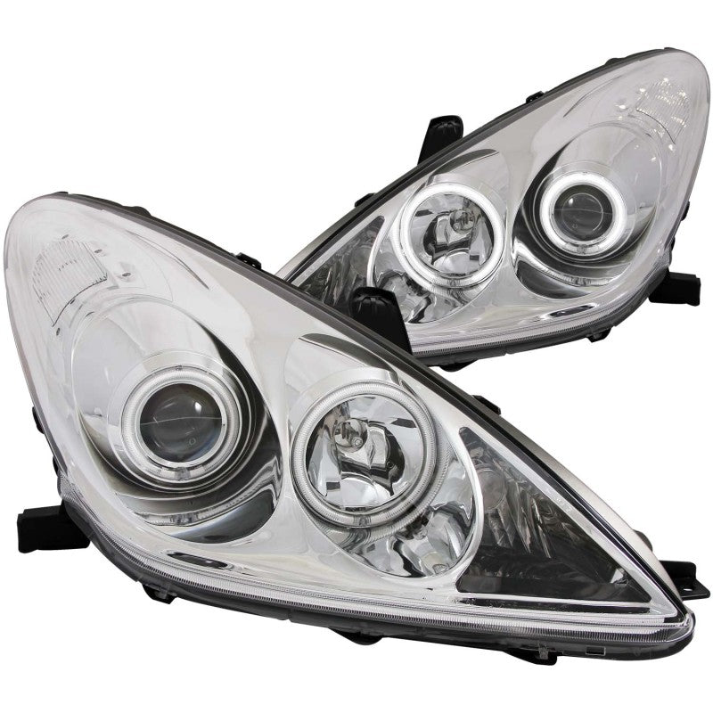 ANZO projector headlights for 2002-2003 Lexus ES300 with halo chrome design, featuring clear lens and chrome housing.