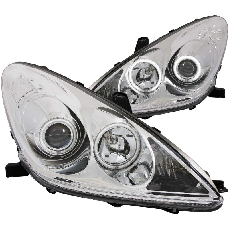 ANZO projector headlights for 2002-2003 Lexus ES300 with halo chrome design, featuring clear lens and chrome housing.