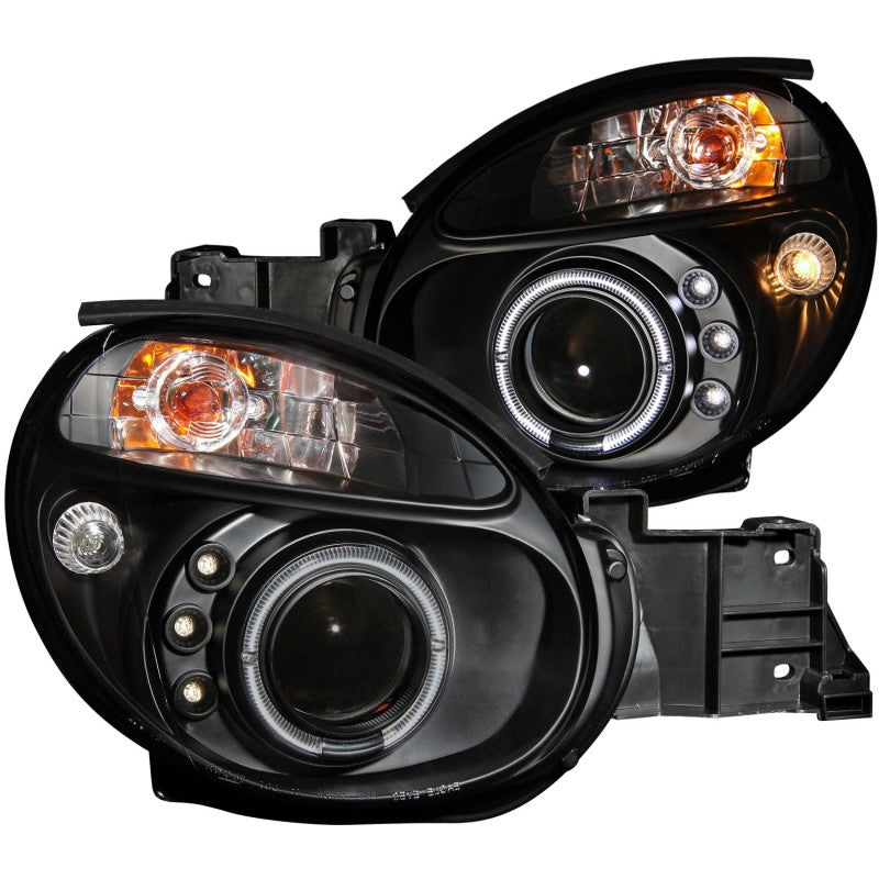 ANZO projector headlights with halo design for 2002-2003 Subaru Impreza, featuring black housing and clear lens.