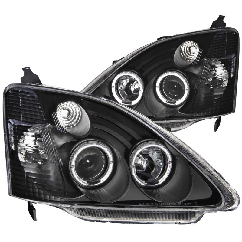 ANZO projector headlights with halo feature for 2002-2004 Honda Civic, showcasing clear lens and black housing.