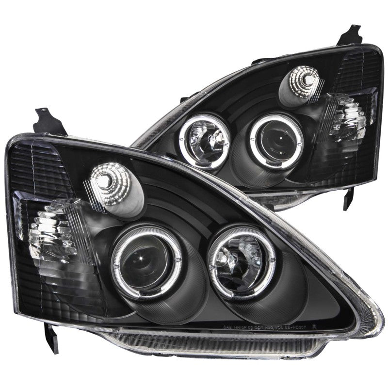 ANZO projector headlights with halo feature for 2002-2004 Honda Civic, showcasing clear lens and black housing.