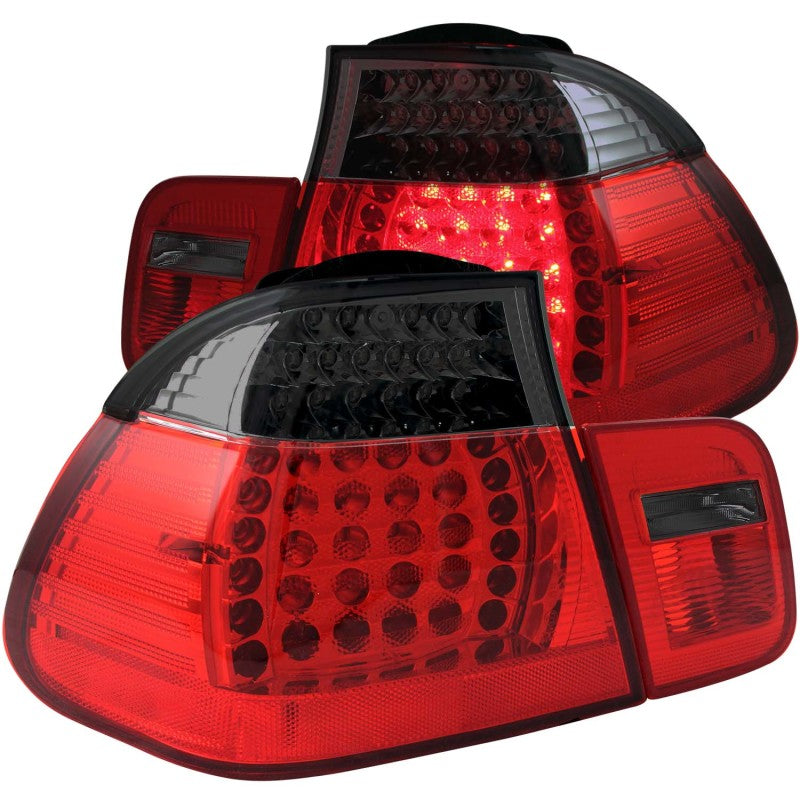 ANZO LED taillights for 2002-2005 BMW 3 Series E46 in red and smoke lens, showcasing modern design and bright illumination.